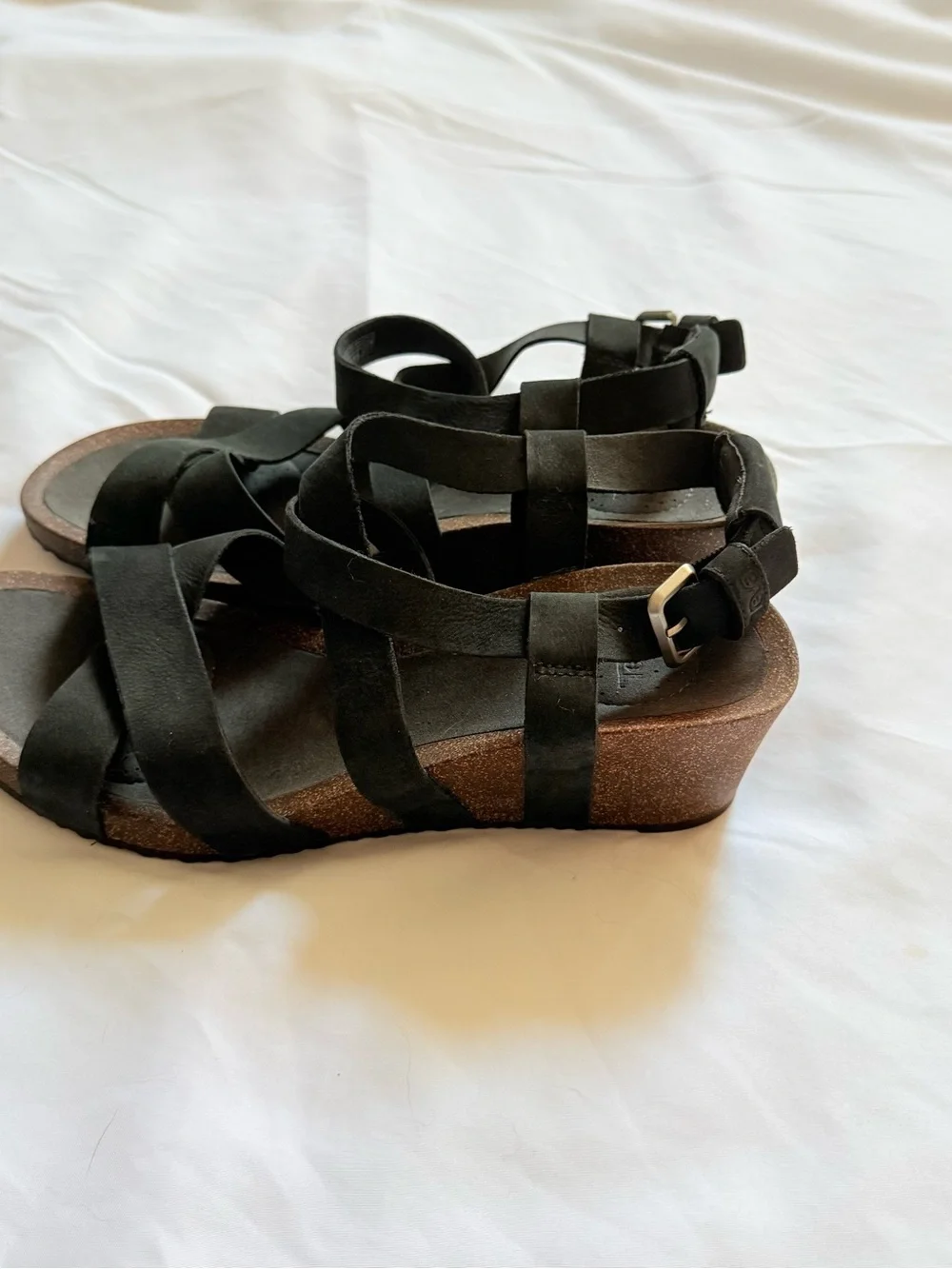 Teva Black Leather Cork Wedge Sandals Strappy Slingback Platform Shoes Size 9.5